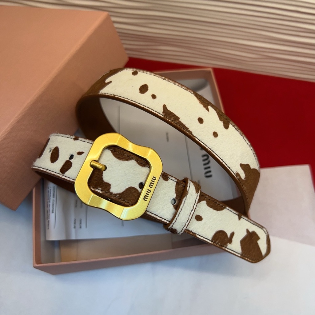 Miu Miu White And Brown Cowhide Leather Belt With Gold Buckle
